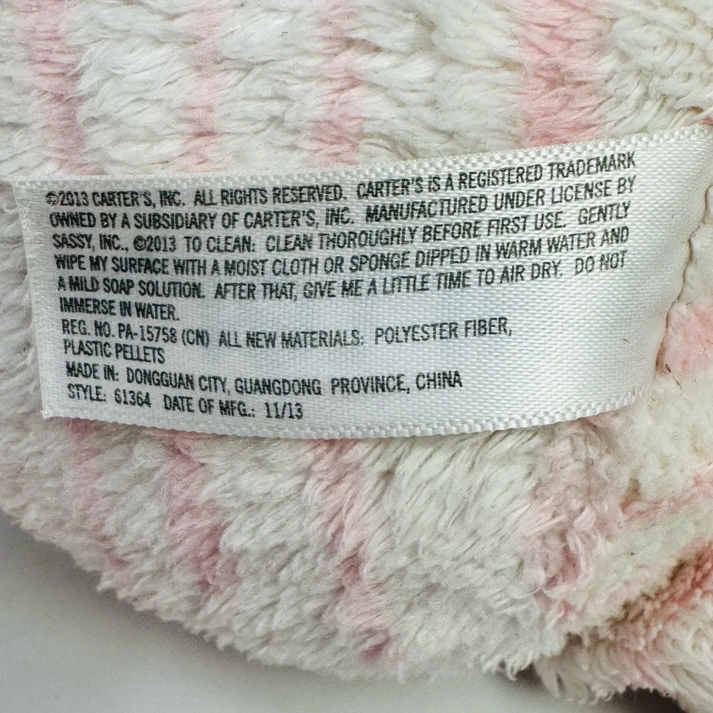 Carters Pink Zebra Plush Baby Stuffed Animal 10” Lovey Nursery Toy 2013
